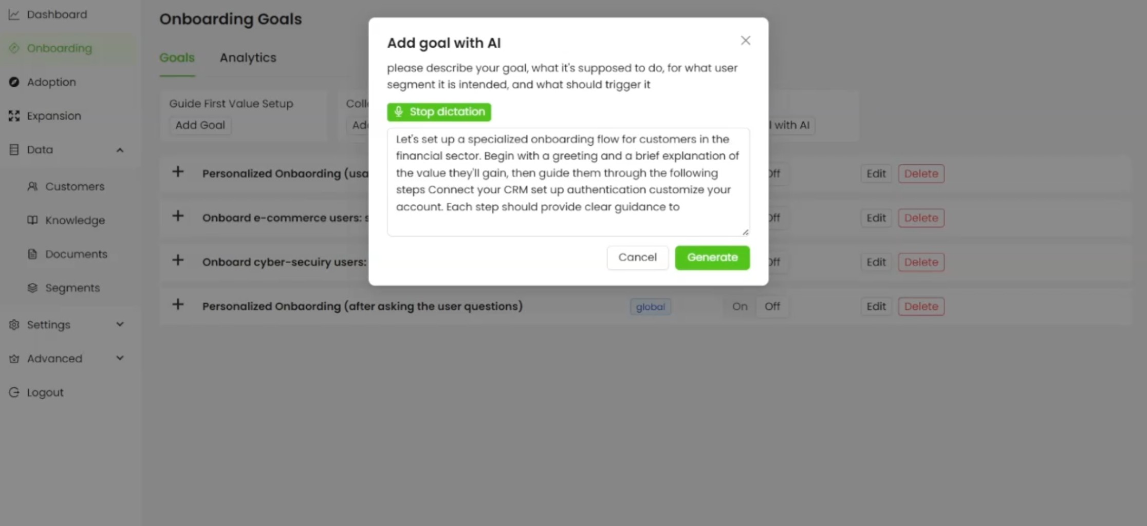 CoWalk goal builder powering guidance and automation