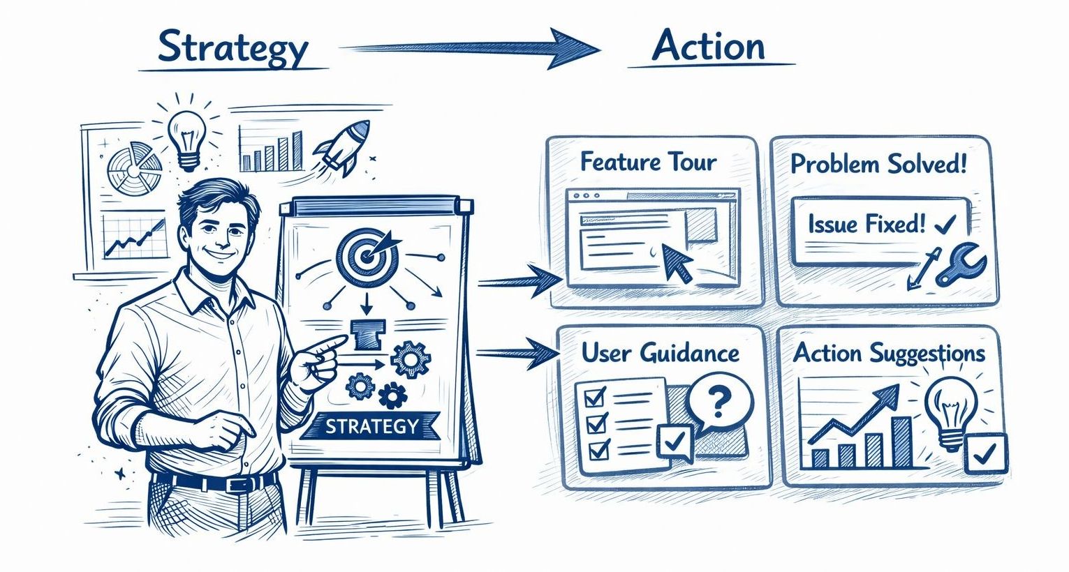 Diagram showing product strategy turning into in-product action