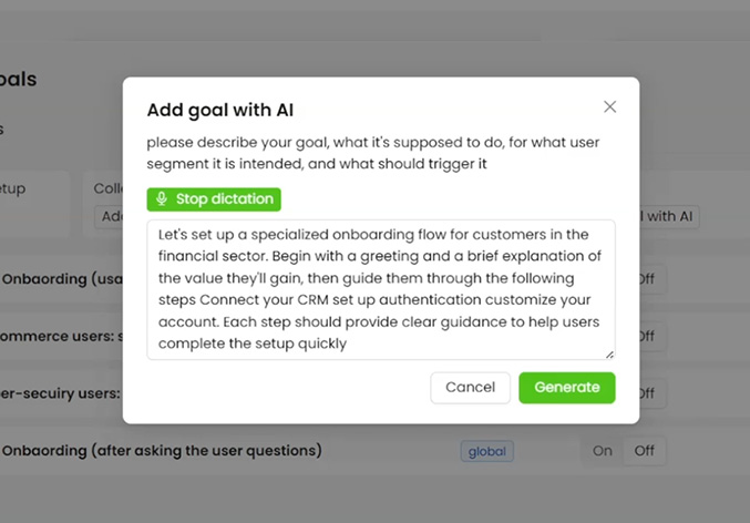 Before: add goal with AI inside the admin screen